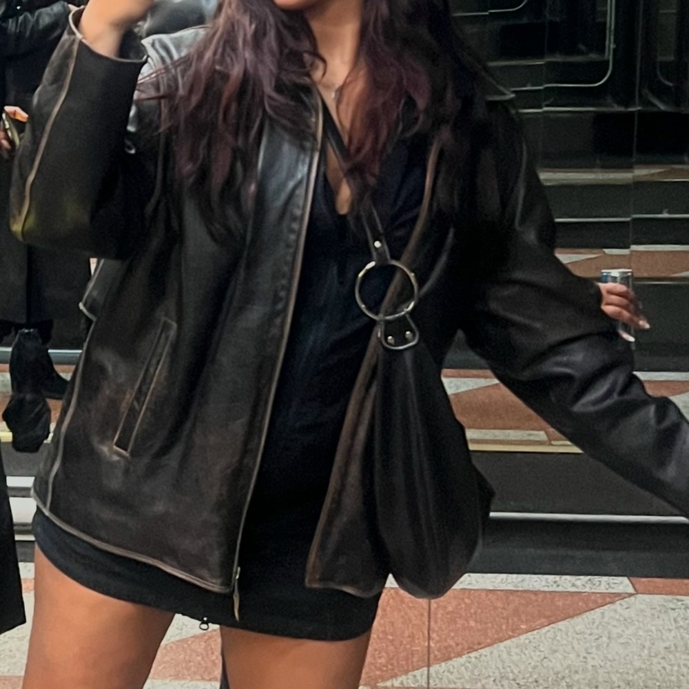 Buttery Black Leather Jacket with Beige Trimming & Distressing